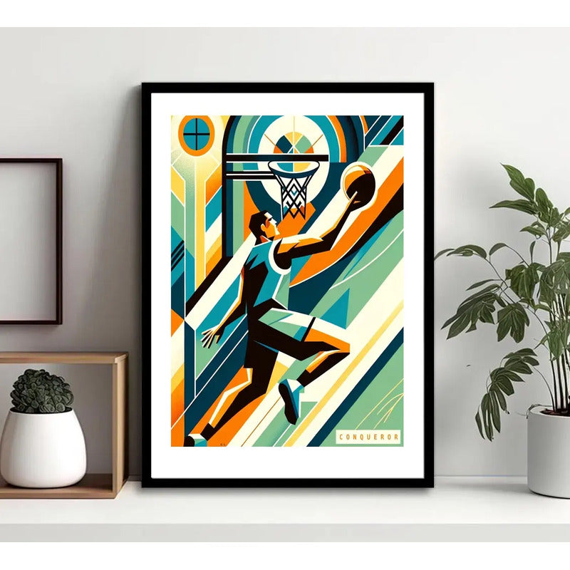 Cuadro Basket Baloncesto Jugador Pelota Club Gym Decoracion Pop Art Conqueror Con Marco Negro
