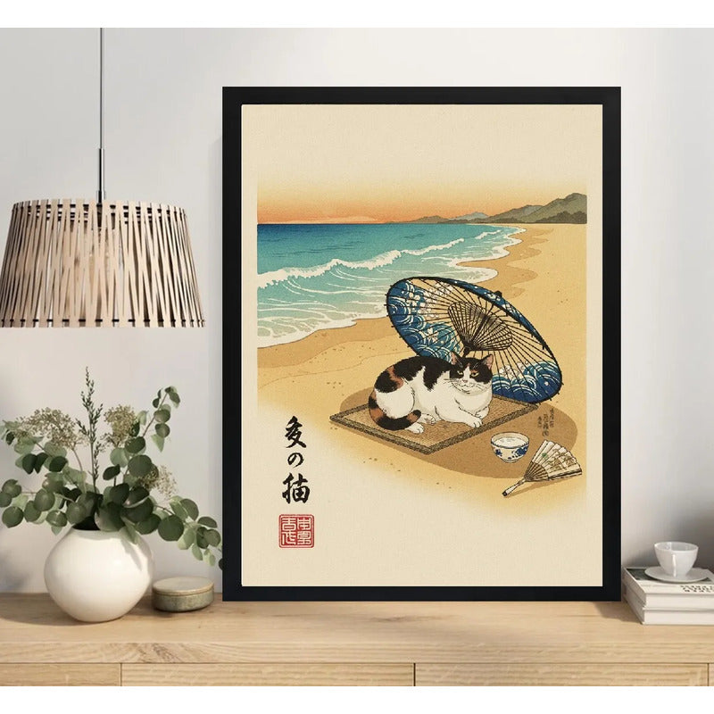 Cuadro Gato Sombrilla Playa Sol Japón Mar Arte Tonos Beige Marco Negro