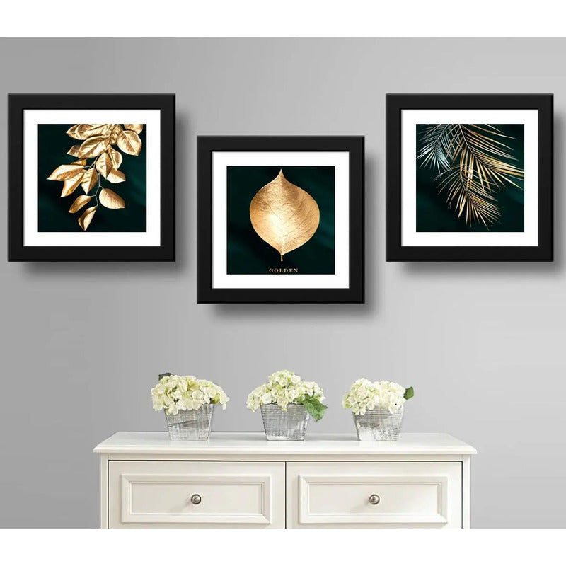 Set 3 Cuadros Hojas Doradas Oro Botanico Decoracion 33x33cm Marco Negro