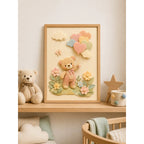 Cuadro Dormitorio Infantil Bebe Oso Globos Flores Efecto 3d Marco Madera Oak Madera Clara