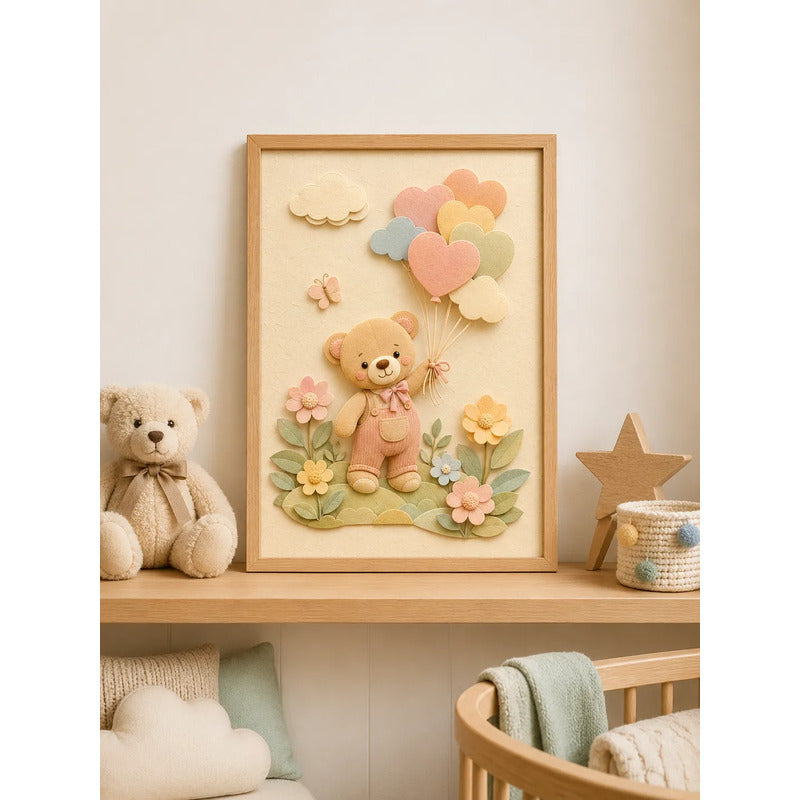 Cuadro Dormitorio Infantil Bebe Oso Globos Flores Efecto 3d Marco Madera Oak Madera Clara
