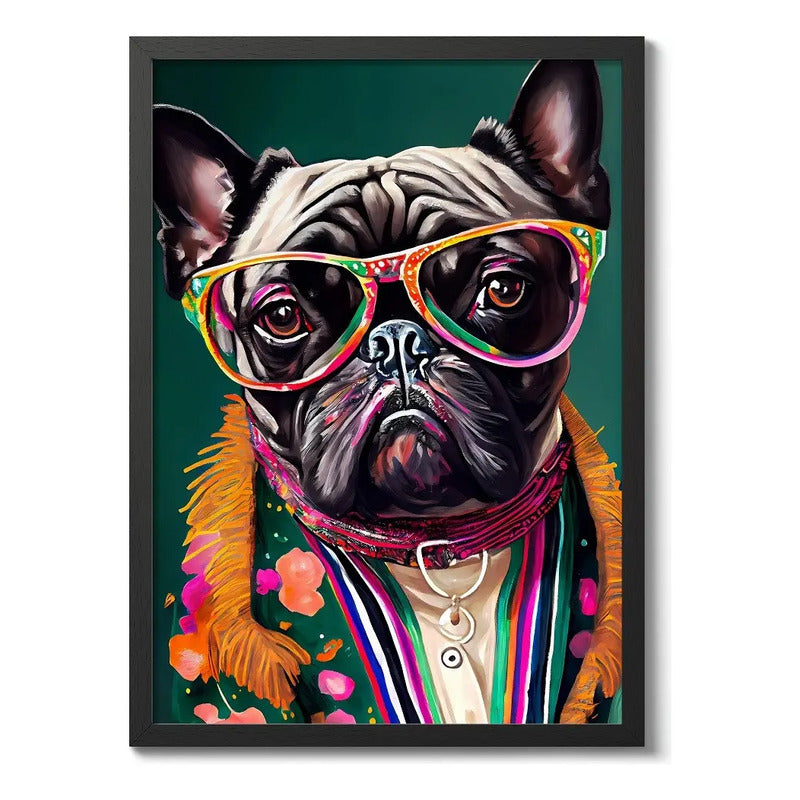 Cuadro Animales Traje Pop Art Perro Jirafa León Decoracion Bull Dog Frances Marco Negro