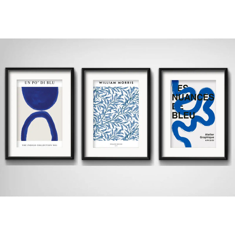 Set 3 Cuadros Living Abstracto B1 Azul 53x43cm Con Paspartu Marco Negro