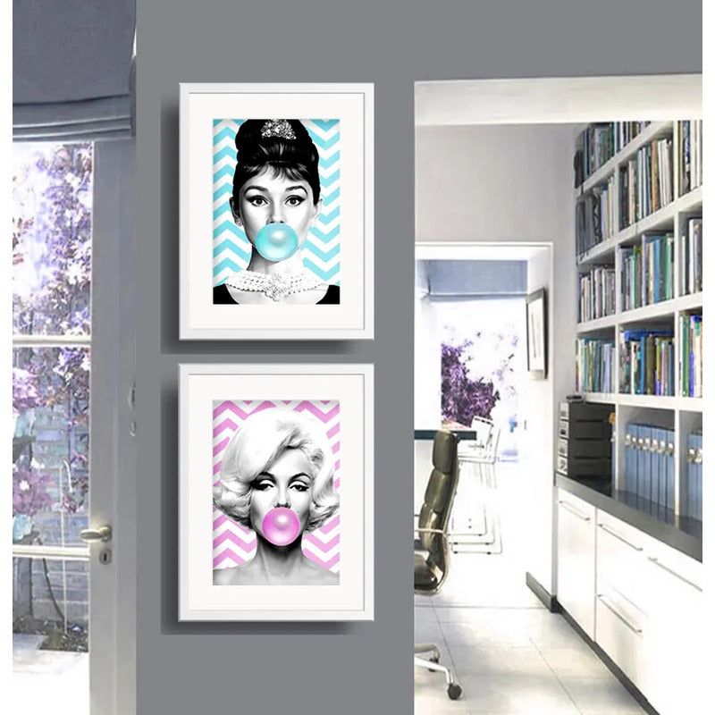 Set 2 Cuadros Marilyn Audrey Hepburn Chicle Pop Art Paspartu