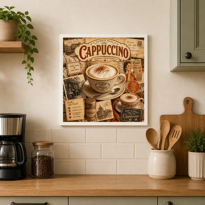 Cuadro Living Comedor Cocina Café Cappuccino Coffee 33x33cm Marco Blanco