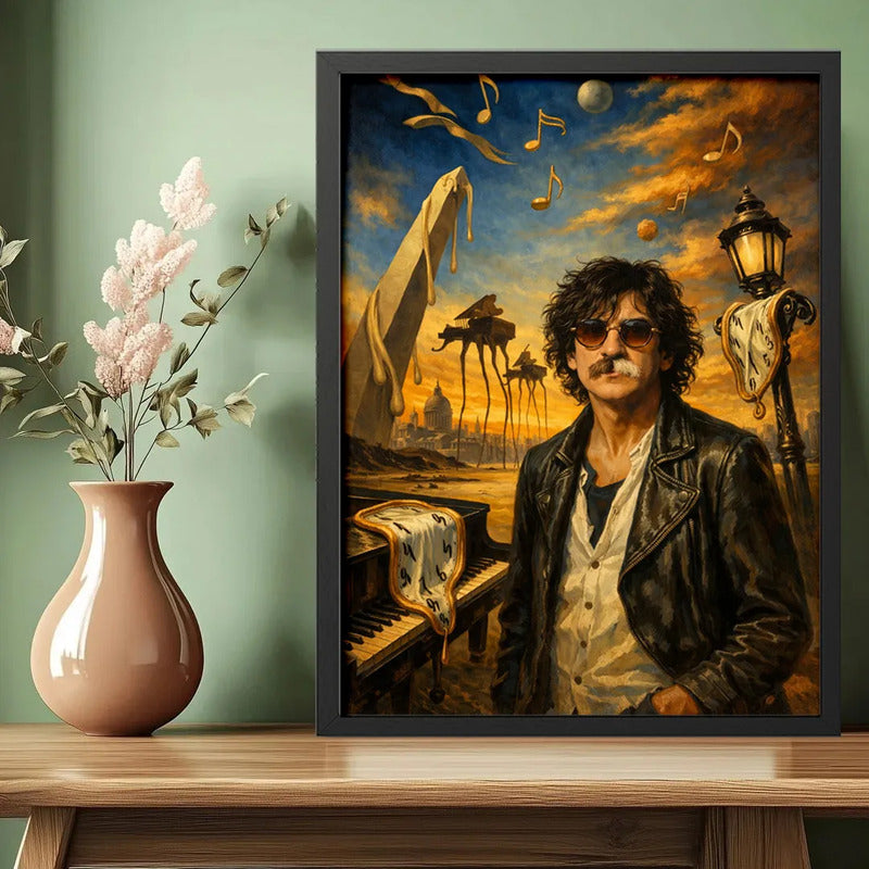 Cuadro Charly García Estilo Surrealista Musica Piano Arte Marco Negro