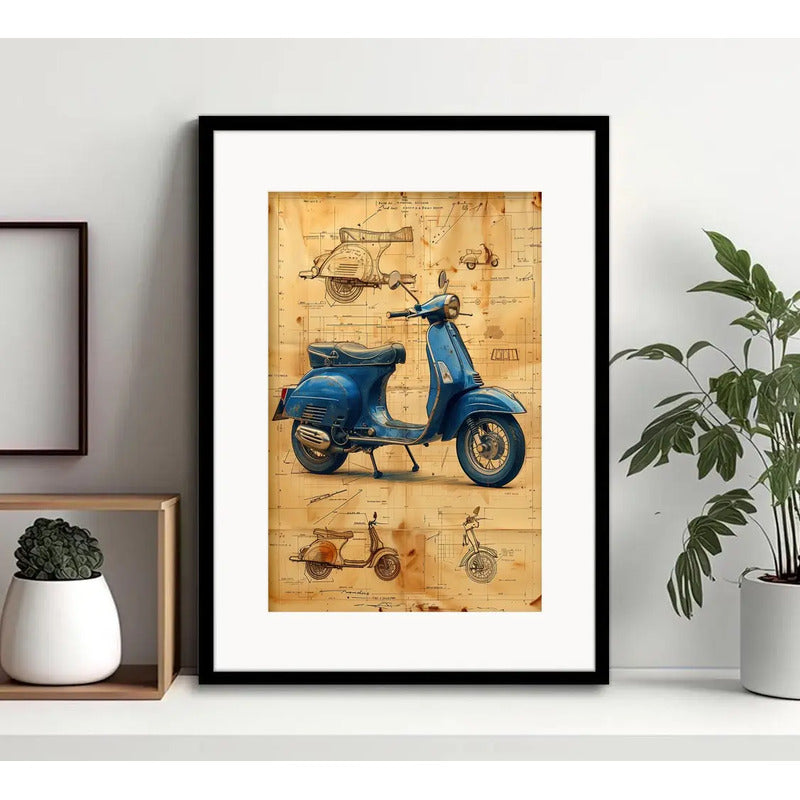 Cuadro Lambretta Patente Retro Vintage Scooter Con Paspartu Marco Negro