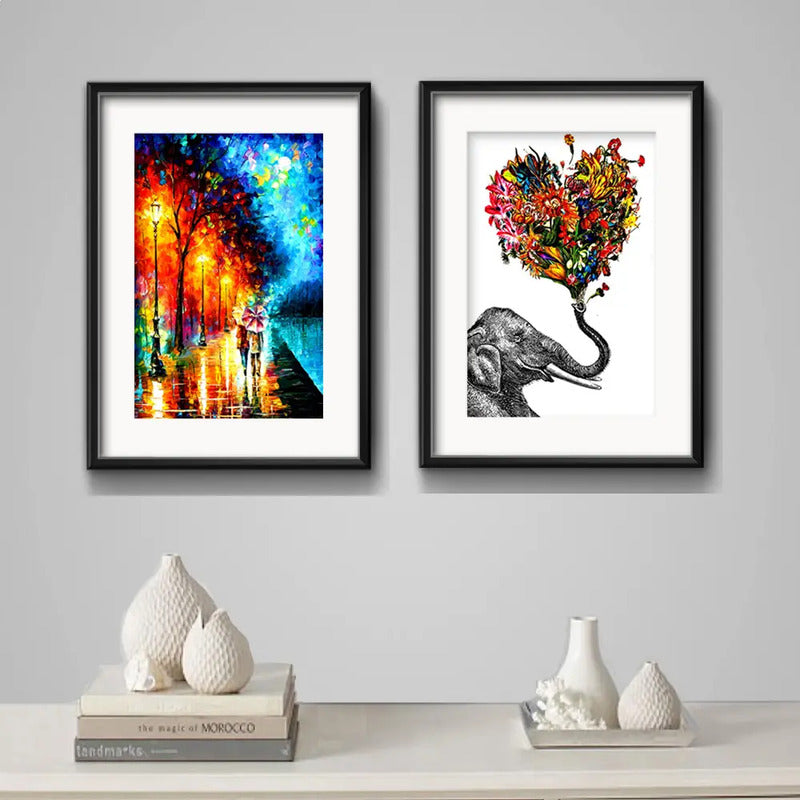 Set 2 Cuadros Elefante Flores Amor Pareja Decor Con Paspartú
