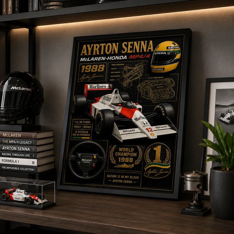 Cuadro Senna Formula 1 Mclaren Honda Mp4/4 Specs Efecto 3d Marco Negro