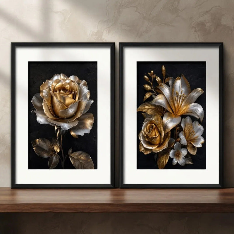 Set 2 Cuadros Flores Tonos Dorados Y Plateados Con Paspartú 43x33cm Cada Cuadro Negro