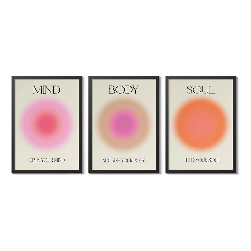 Set 3 Cuadros Auras Espiritual Mente Cuerpo Alma Yoga Zen Marco Negro