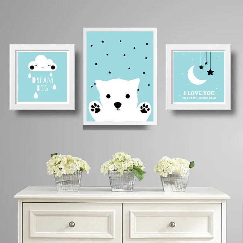 Set 3 Cuadros Dream Big Frase Luna Star Dormitorio Infantil