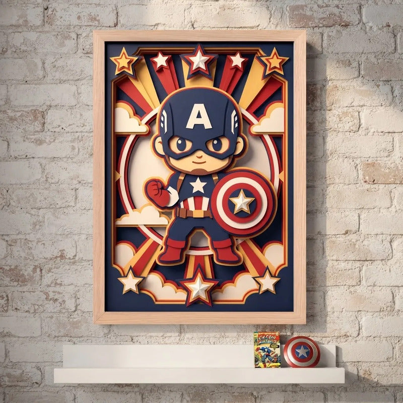 Cuadro Capitan America Superheroes 3d Dormitorio Infantil Marco Negro