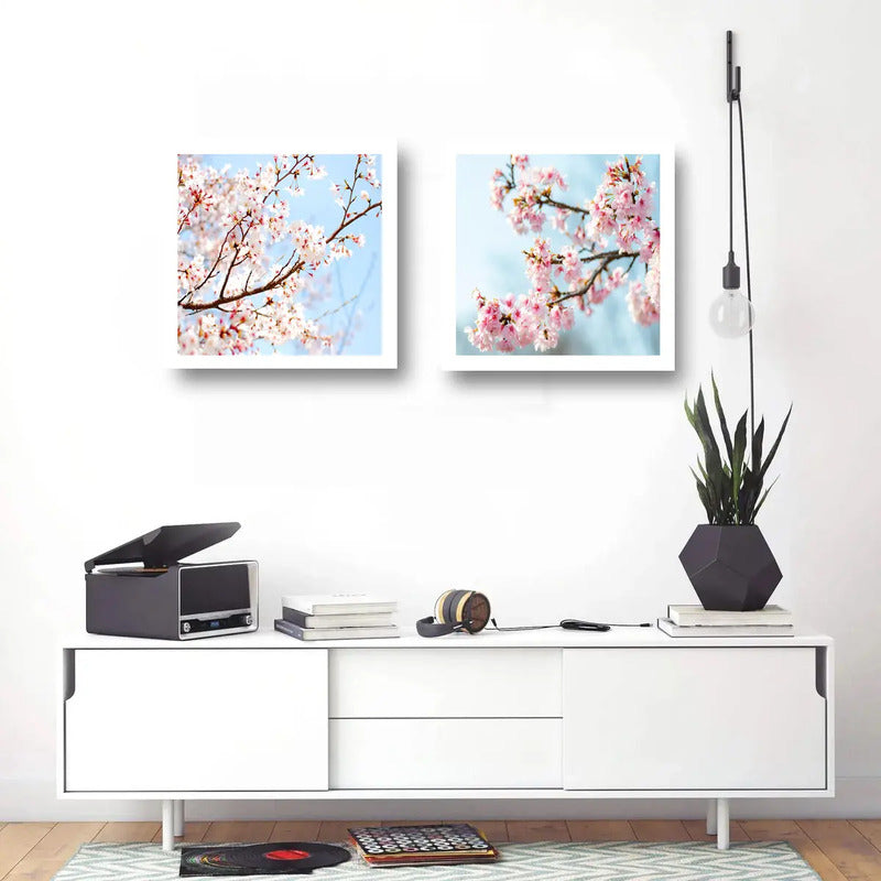 Set 2 Cuadros Sakura Flores Cerezo Arte Japones 33x33cm Marco Blanco