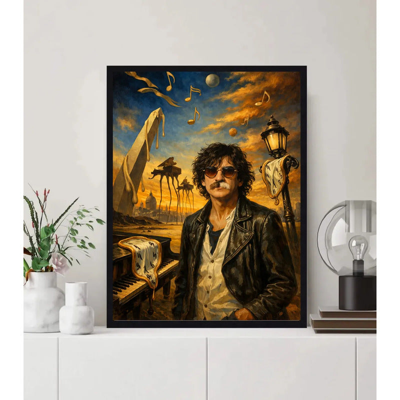 Cuadro Charly García Estilo Surrealista Musica Piano Arte Marco Negro