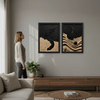 Set 2 Cuadros Living Dormitorio Abstracto 3d Beige Negro Br2 Marco Negro