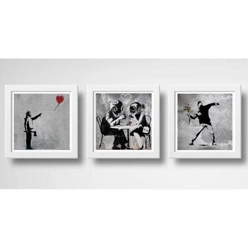 Set 3 Cuadro Banksy Arte Urbano Callejera Flores Revolucion