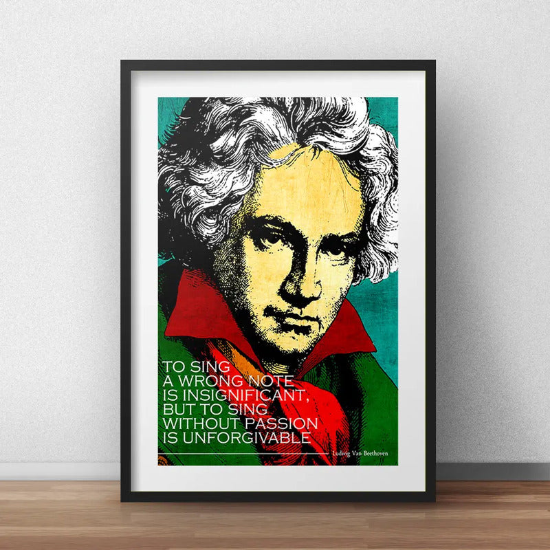 Cuadro Beethoven Pop Art Frase Música Clasica Con Paspartú Marco Negro