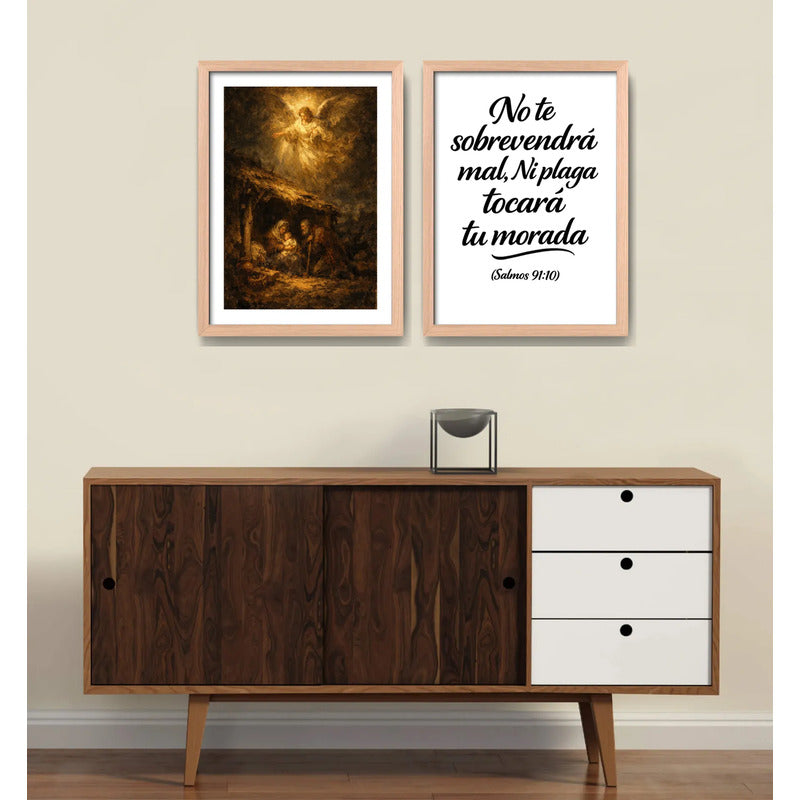 Set 2 Cuadros Jesús Cristo Nacimiento Y Salmo 91:10 Biblia Marco Madera Natural Oak