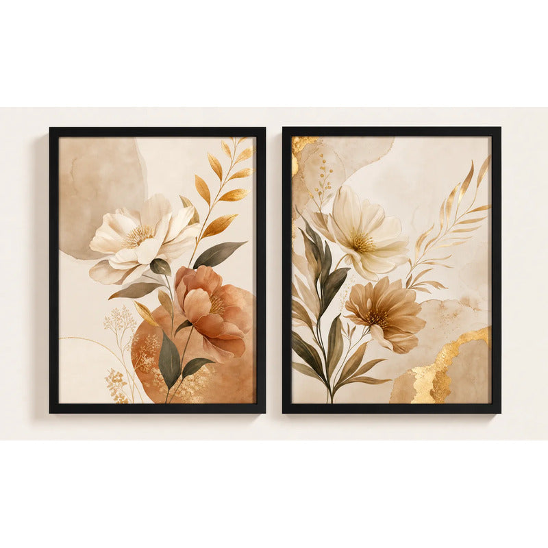 Set 2 Cuadros Hojas Beige Dorado Abstracto Decora Living Marco Negro