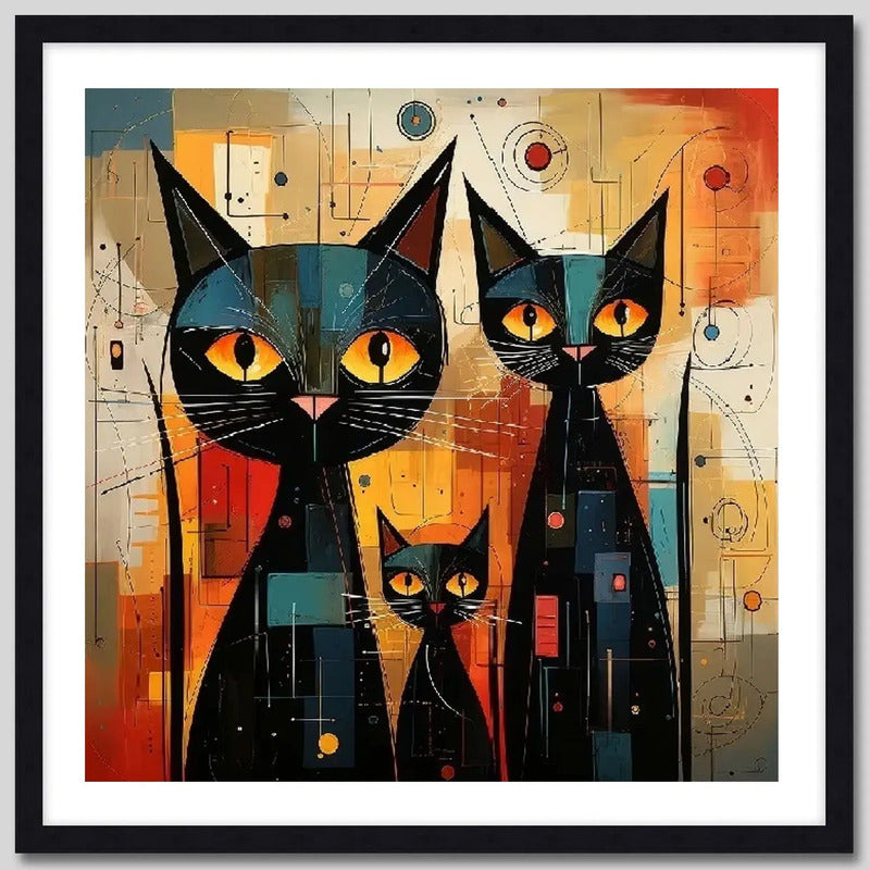 Cuadro 3 Gatos Negros Arte Abstracto Decoracion - 33x33cm Marco Negro