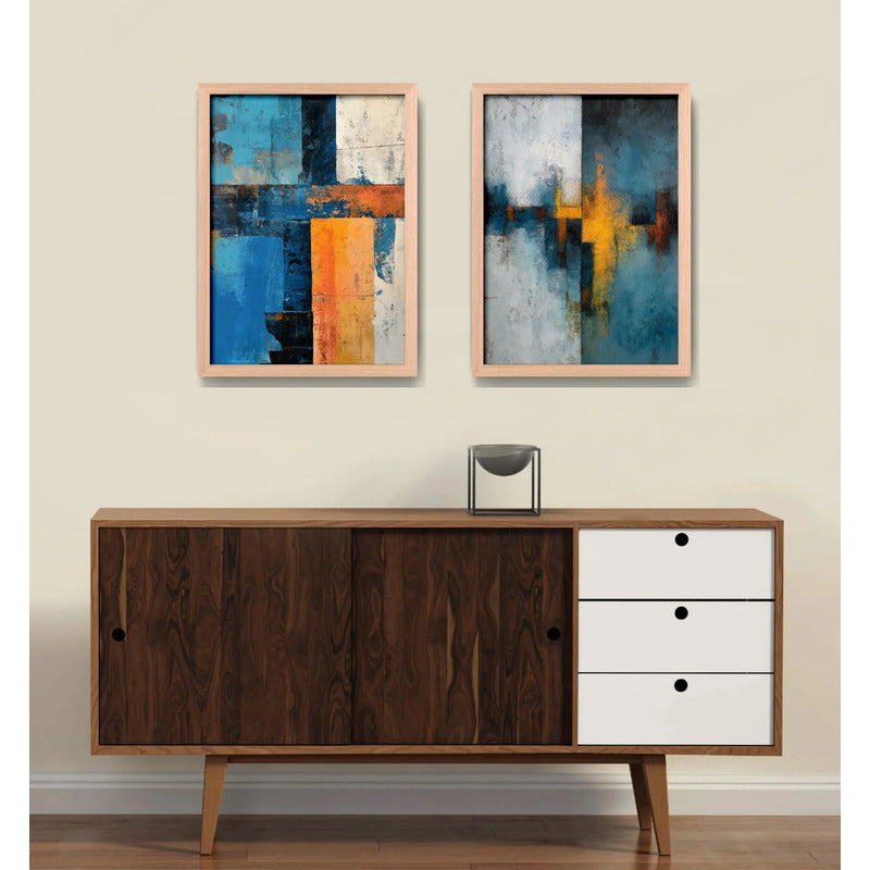 Set 2 Cuadros Dormitorio Living Abstracto Arte Azul Dorado Marco Marrón Claro