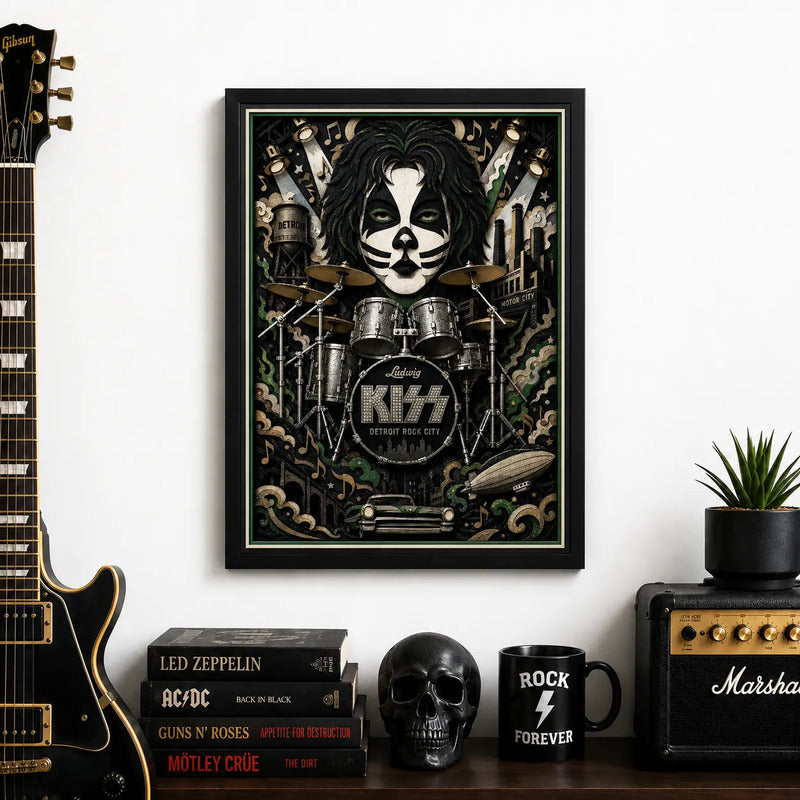 Cuadro Kiss Peter Criss Bateria Rock Arte Efecto 3d Marco Negro