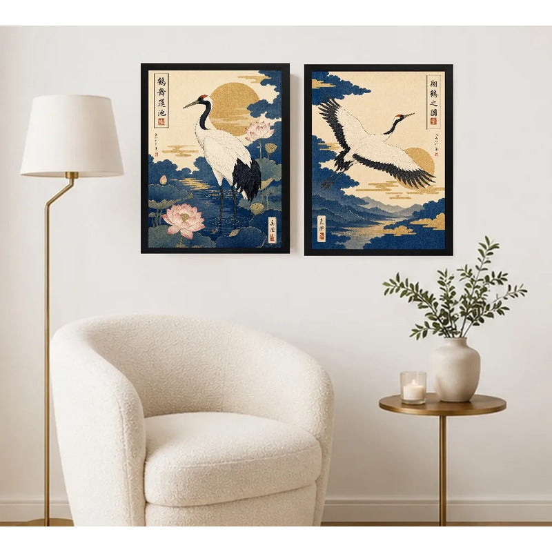Set 2 Cuadros Grullas En La Naturaleza Arte Japonés Retro Marco Negro