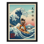 Cuadro Goku Surfe Ola Kanagawa Japón Playa Anime Dragon Ball Marco Negro