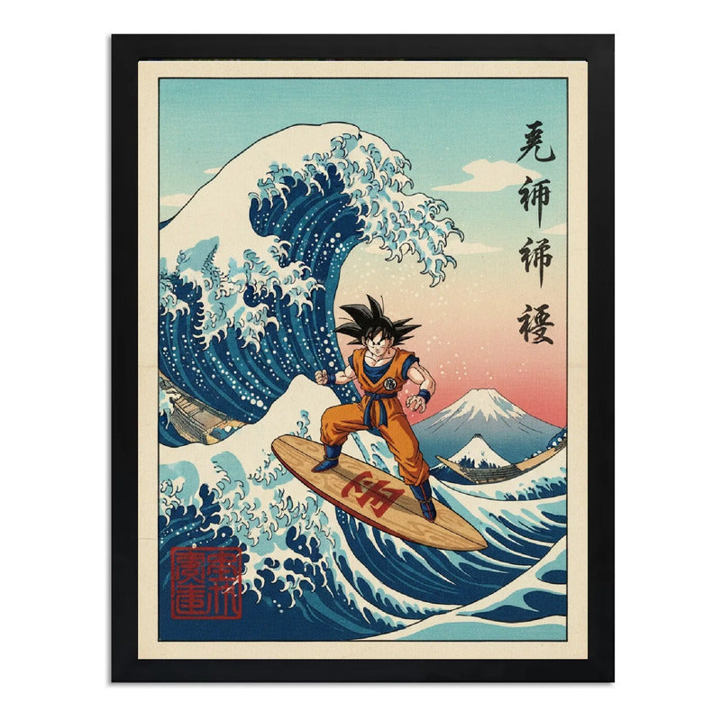 Cuadro Goku Surfe Ola Kanagawa Japón Playa Anime Dragon Ball Marco Negro