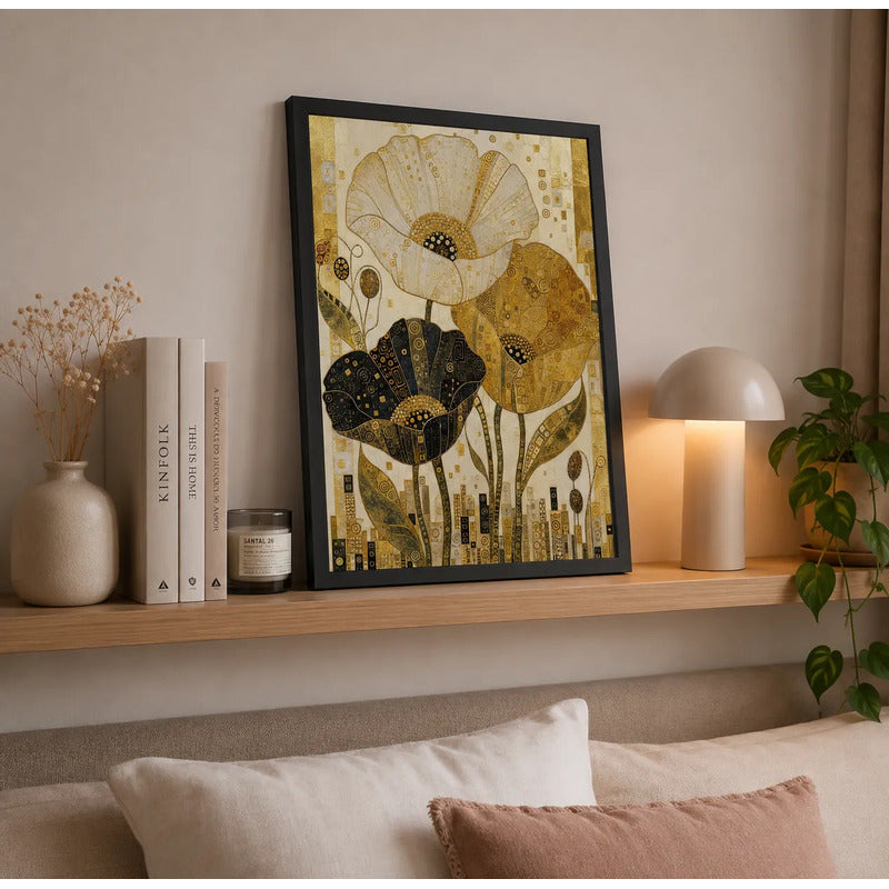 Cuadro Living Dormitorio Floral Dorado Beige Gustav Klimt Marco Negro