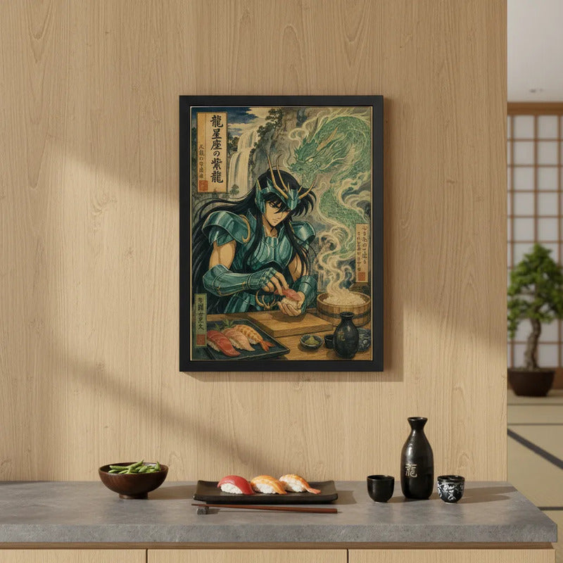 Cuadro Caballeros Del Zodiaco Shiryu Chef Sushi Cocina Anime Marco Negro