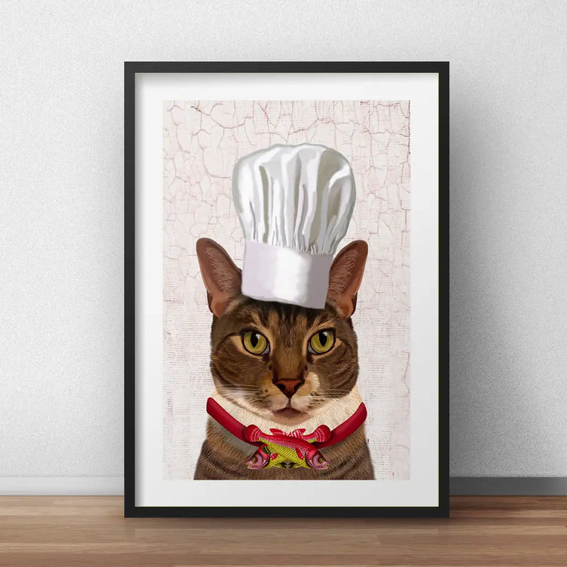 Cuadro Gato Chef Cocina Gourmet Decoracion Con Paspartú Marco Negro