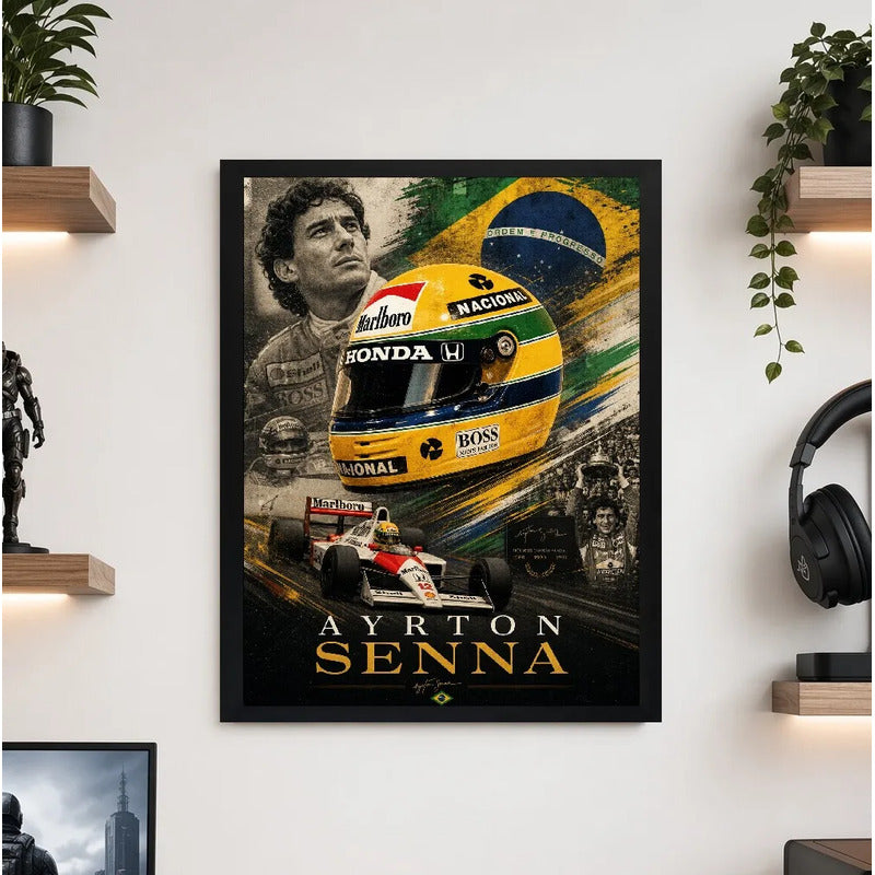 Cuadro Senna Formula 1 Auto Casco Icónico Amarillo Y Verde Marco Negro