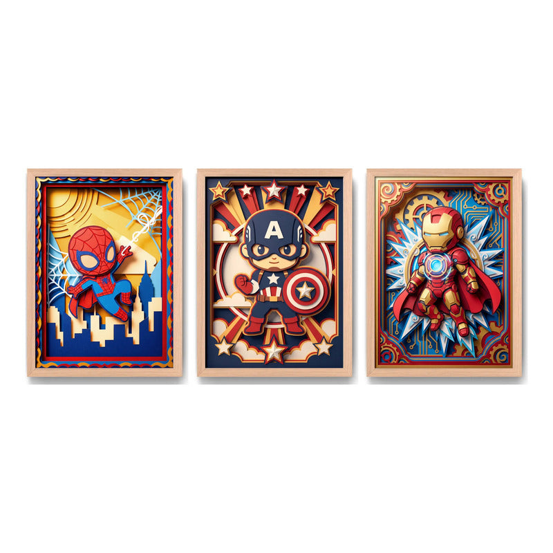 Set 3 Cuadros Superheroes Efecto 3d Para Dormitorio Infantil Marco Marrón Claro