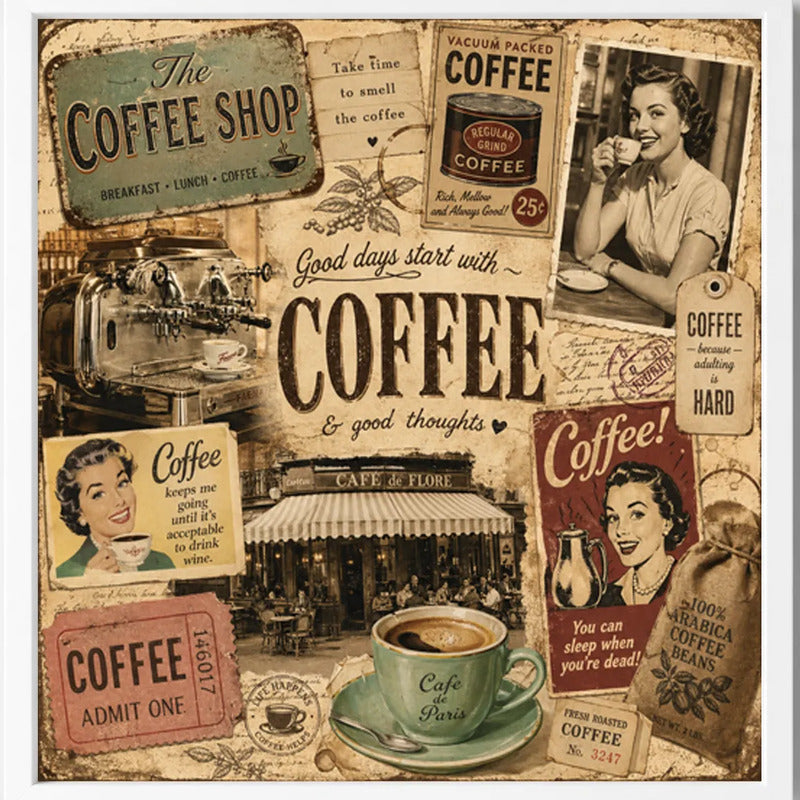 Cuadro Living Comedor Cocina Café Vintage Coffee Br1 33x33cm Marco Blanco