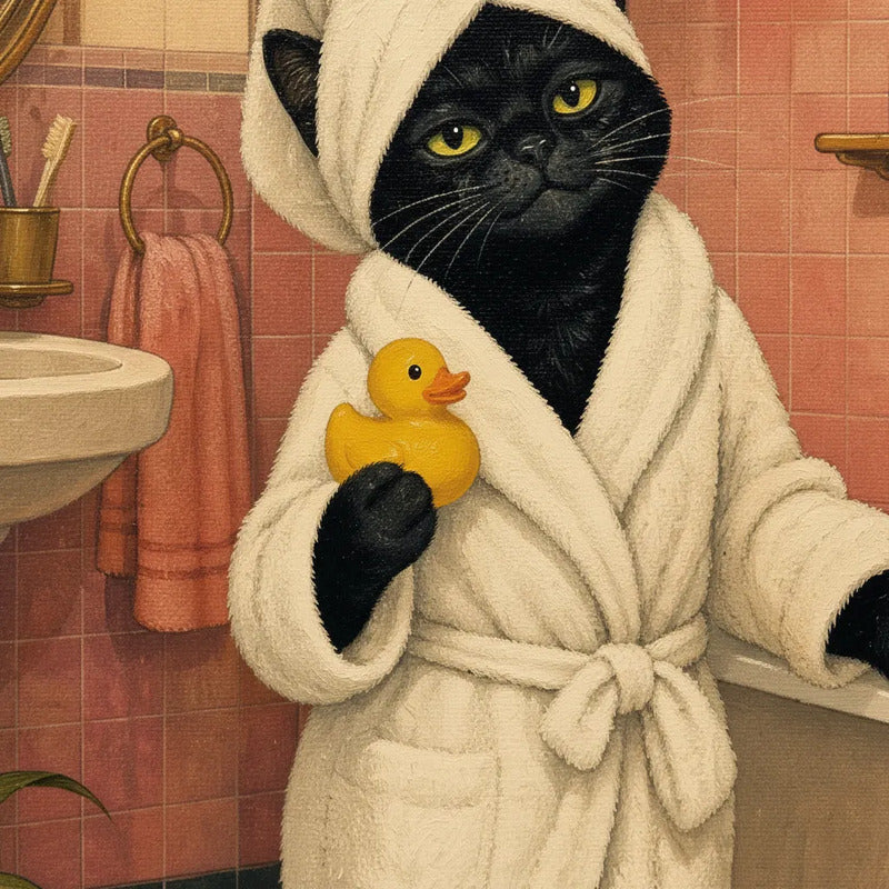 Cuadro Gato Negro Con Bata De Baño Boho Decoracion Marco Negro