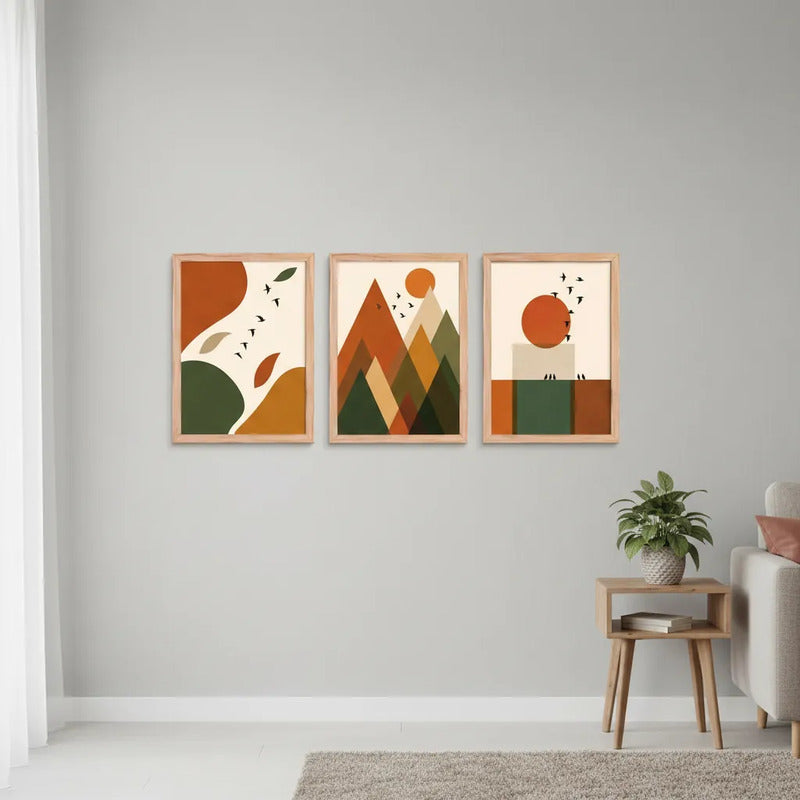 Set 3 Cuadros Dormitorio Living Boho Arte Abstracto Amanecer Geometrico I Marrón Claro