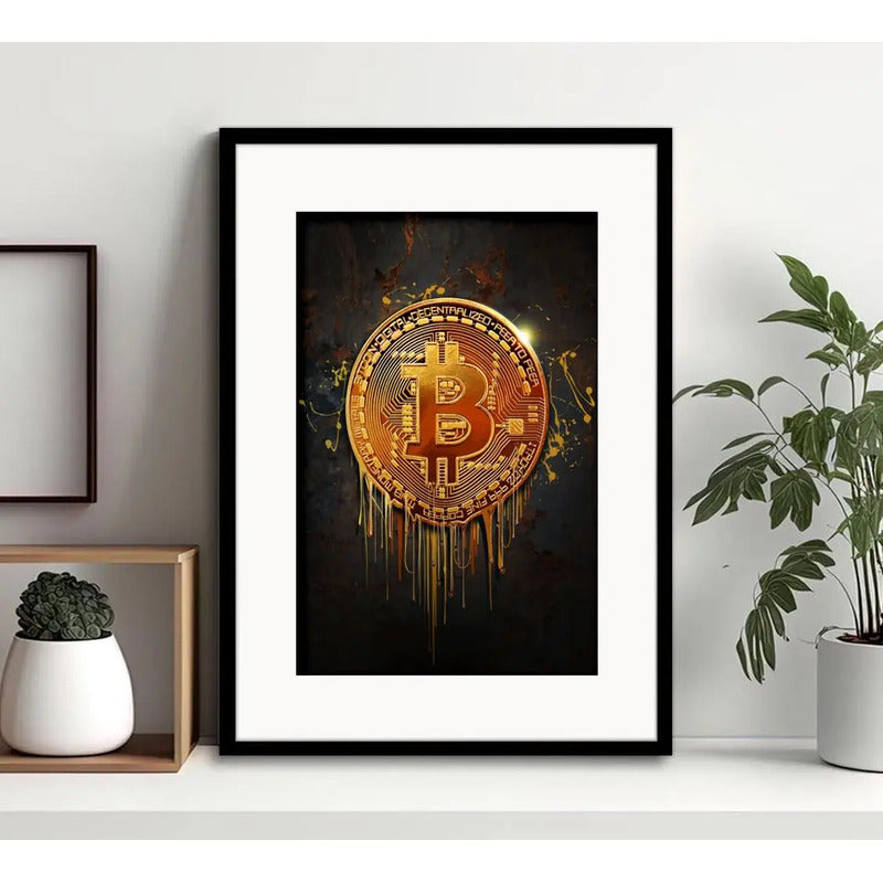 Cuadro Bitcoin Moneda Virtual Bolsa Decoracion Con Paspartú Marco Negro