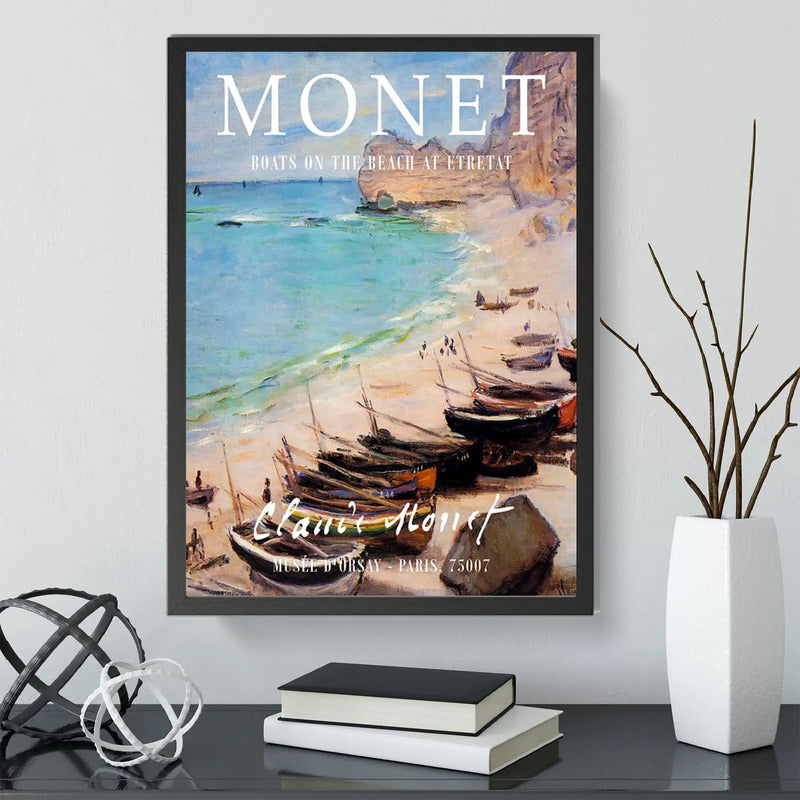 Cuadro Dormitorio Living Claude Monet Barcos Playa Étretat Marco Negro