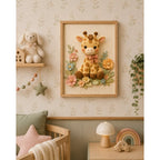 Cuadro Dormitorio Infantil Bebe Jirafa Globos Flor Efecto 3d Marco Madera Oak Madera Clara