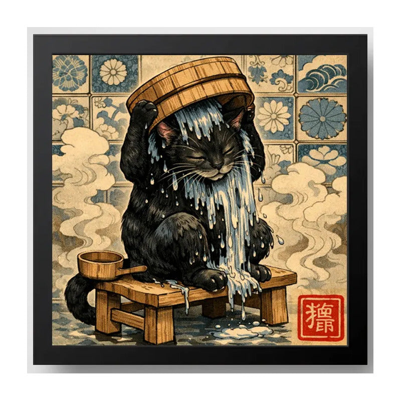 Cuadro Gato Negro Bañándose Bano Arte Japones Coleccion Marco Negro