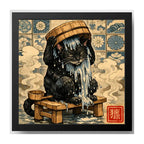 Cuadro Gato Negro Bañándose Bano Arte Japones Coleccion Marco Negro