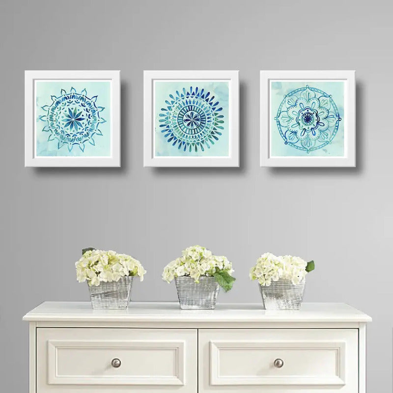 Set 3 Cuadros Mandalas Azul Arte Boho Zen Decoracion