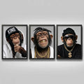 Set 3 Cuadros Los Tres Monos Rap Con Cadenas De Oro Chimps Marco Negro