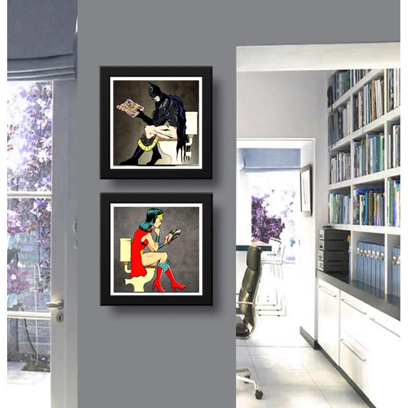 Set 2 Cuadros Batman Mujer Maravilla Baño Heroes 33x33cm Marco Negro