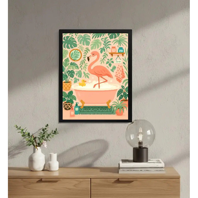 Cuadro Flamenco Bano Banera Boho Plantas Rosa Decoracion Marco Negro