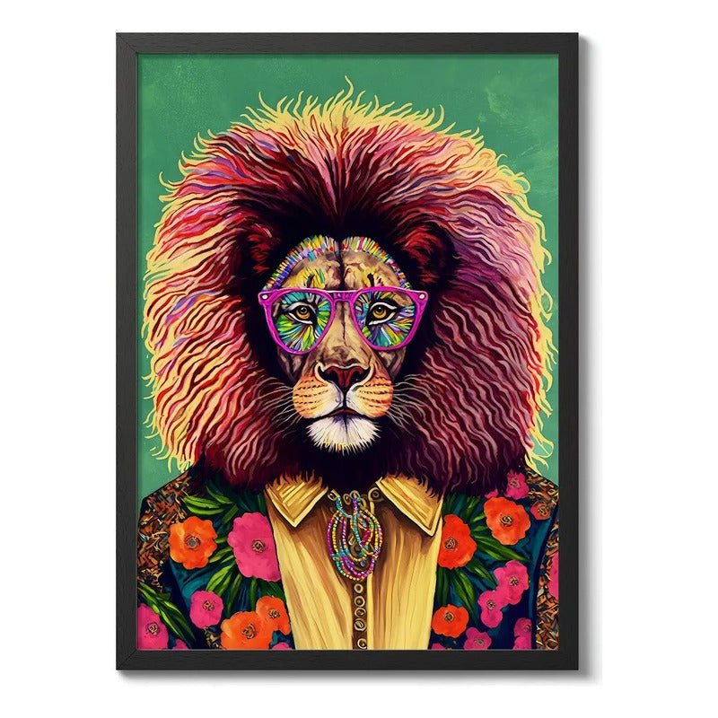 Cuadro Animales Traje Pop Art Perro Jirafa León Decoracion León Marco Negro