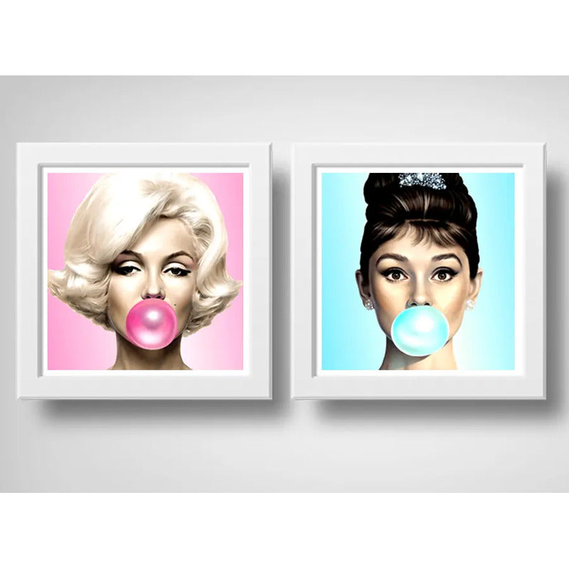 Set 2 Cuadros Marilyn Monroe Audrey Hepburn Chicle Pop Art