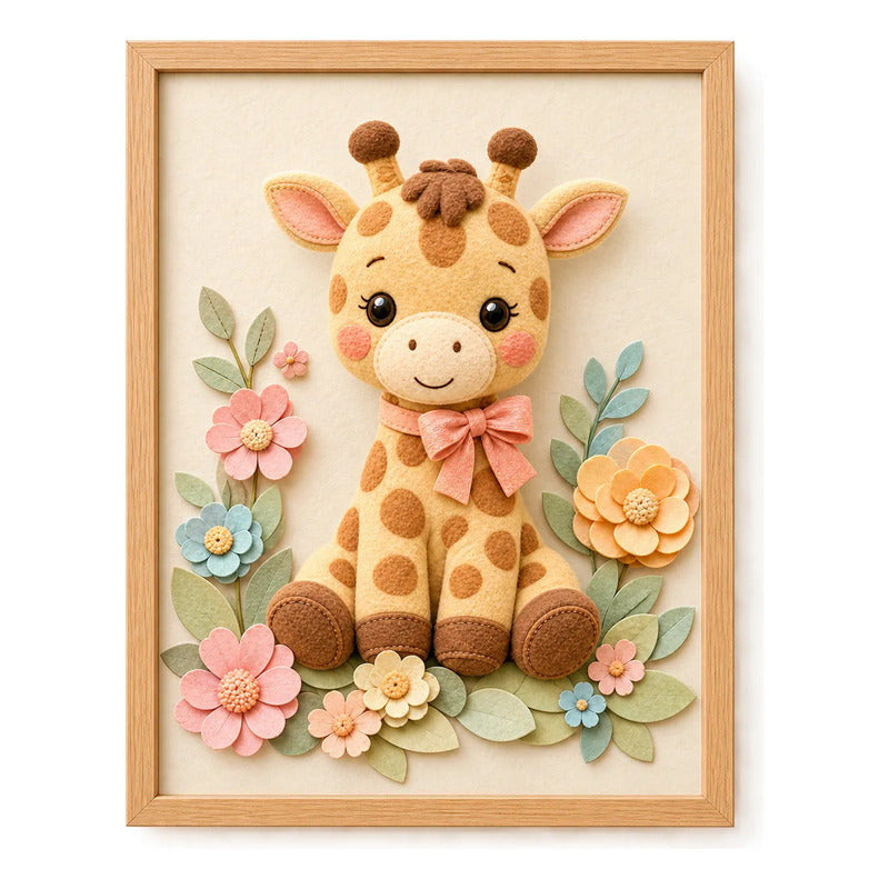 Cuadro Dormitorio Infantil Bebe Jirafa Globos Flor Efecto 3d Marco Madera Oak Madera Clara